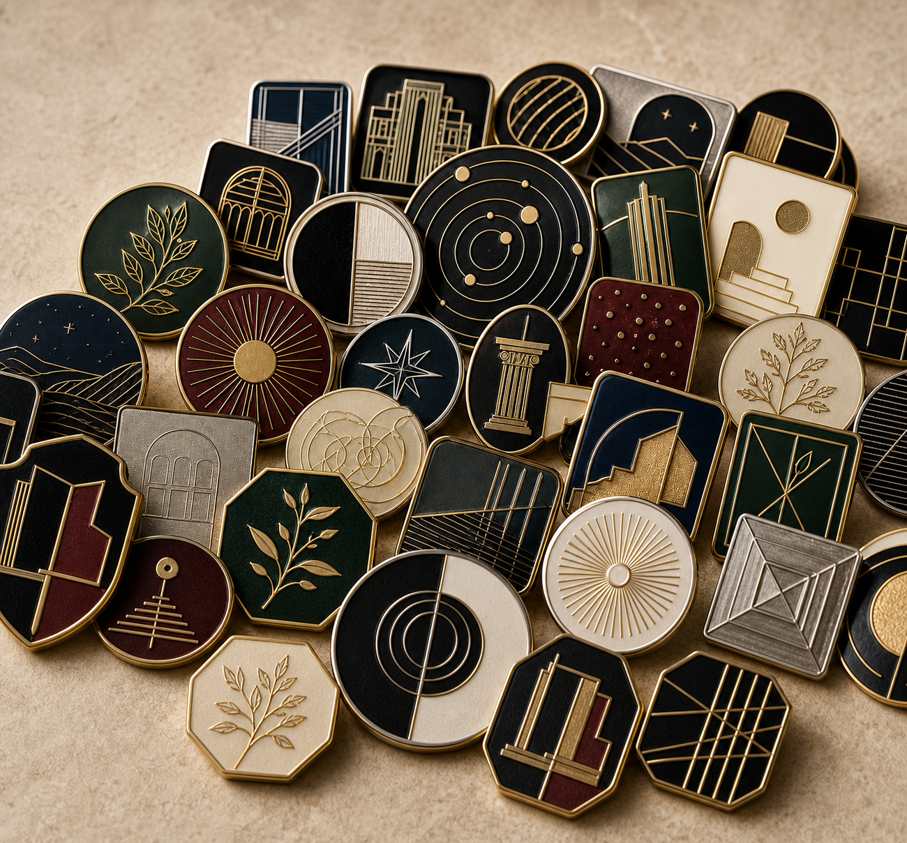 A layered assortment of premium custom enamel pins