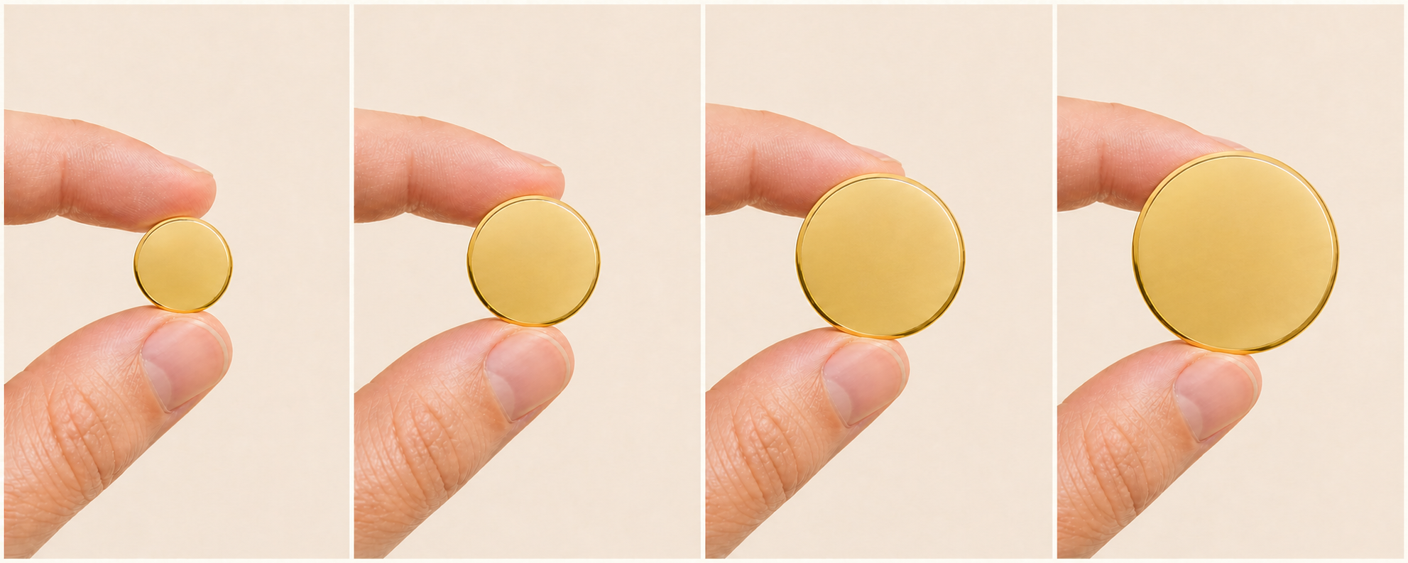 The same round custom pin shown at 3/4, 1, 1-1/4, and 1-1/2 inches between fingertips